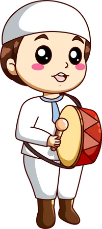 Cute Little Muslim Boy playing drum Illustration