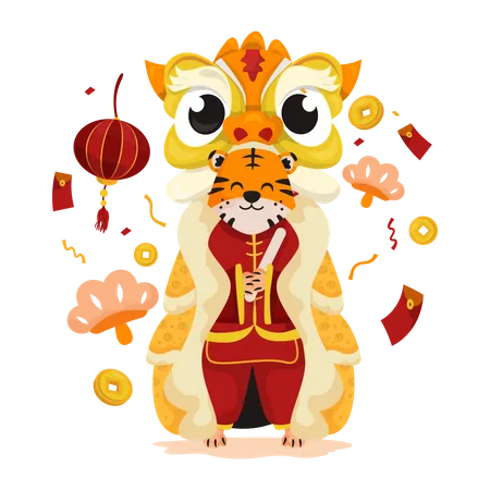 Illustration Of Cute Tiger On Lion Dance Or Costume For 2022 Chinese New Year Greetings Post 일러스트레이션