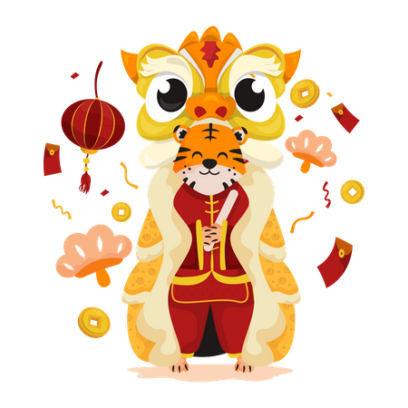 Cute little tiger on lion dance costume  Illustration