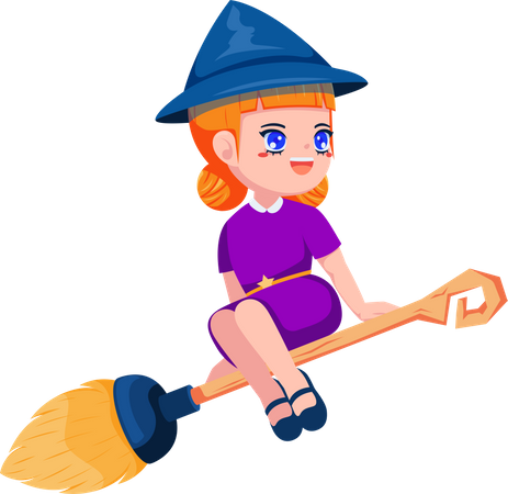 Cute Little Witch Flying with Broomstick Illustration