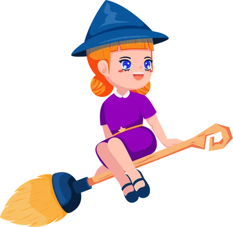 Cute Little Witch Cartoon Flying With Broomstick Halloween Holiday Concept Illustration