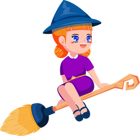 Cute Little Witch Flying with Broomstick  Illustration