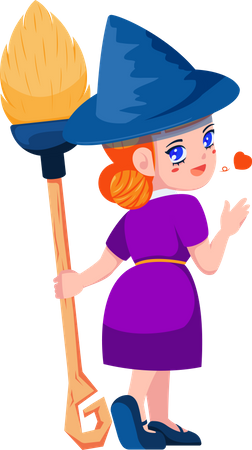 Cute Little Witch Holding Broomstick Illustration