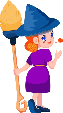 Cute Little Witch Cartoon Holding Broomstick With Mini Heart Halloween Holiday Concept Illustration