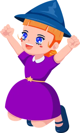 Cute Little Witch Cartoon Jumping Celebration Halloween Holiday Concept 일러스트레이션