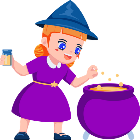 Cute Little Witch Making Potion Illustration