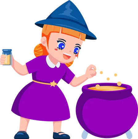 Cute Little Witch Cartoon Making Potion Halloween Holiday Concept Illustration