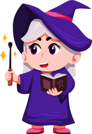 Cute Little Witch with magic stick  Illustration