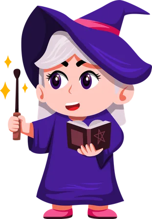 Cute Little Witch with magic stick  Illustration