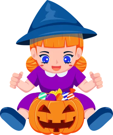 Cute Little Witch with Pumpkins full of Candies for Halloween Holiday Illustration
