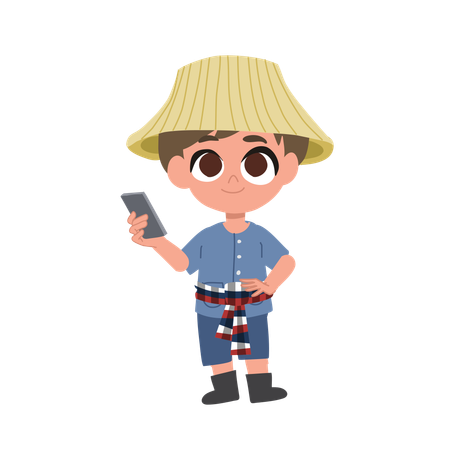 Cute Male Farmer With Smartphone  Illustration