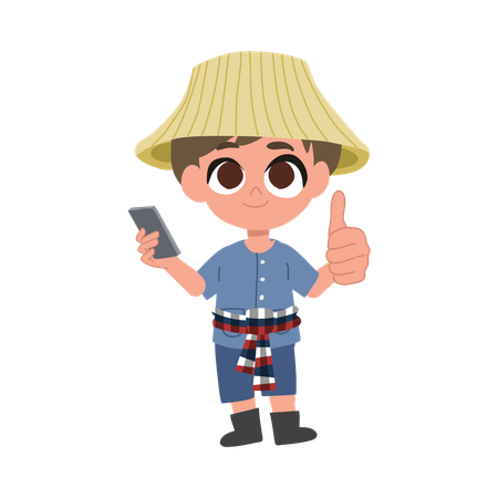 Cute Male Farmer With Smartphone  Illustration