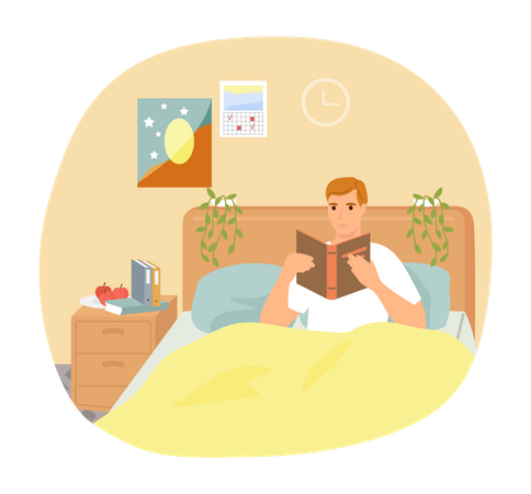 Cute man in pajamas reading literature Illustration
