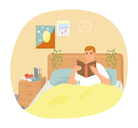 Cute man in pajamas reading literature Illustration