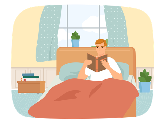 Cute man in pajamas reading literature  Illustration