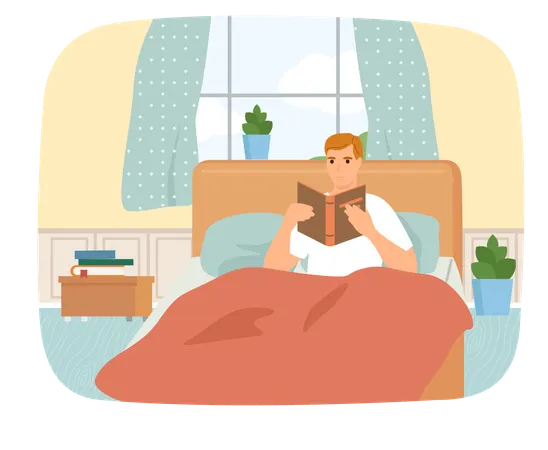 Cute man in pajamas reading literature  Illustration