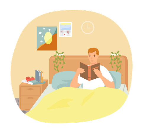 Cute man in pajamas reading literature  일러스트레이션