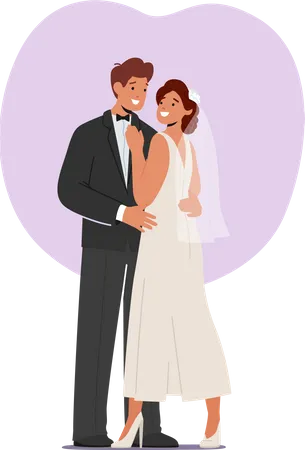 Happy Young Groom And Bride Posing And Hugging On Wedding Ceremony Newlywed Man And Woman Getting Married Isolated Wife And Husband Characters Romance Cartoon People Vector Illustration Illustration