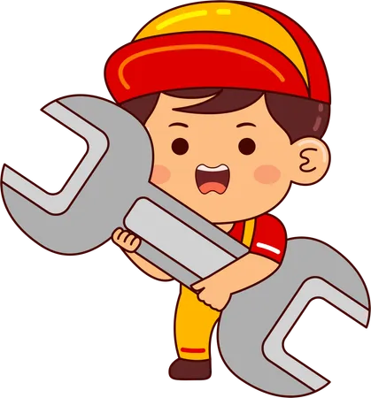 Cute mechanic boy holding wrench  イラスト