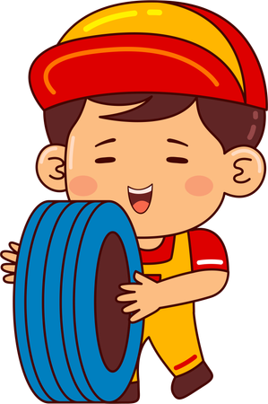 Cute mechanic boy with tyre  Illustration