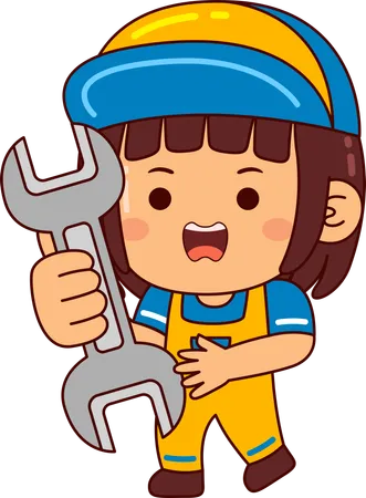 Cute mechanic girl holding wrench  Illustration
