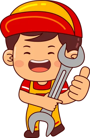 Cute mechanic holding wrench  イラスト