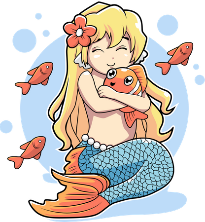 Cute mermaid hug clown fish  일러스트레이션