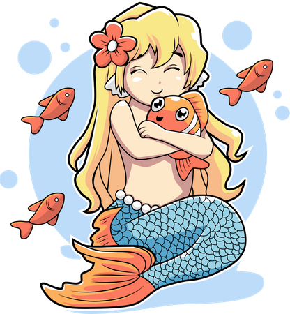 Cute mermaid hug clown fish  Illustration