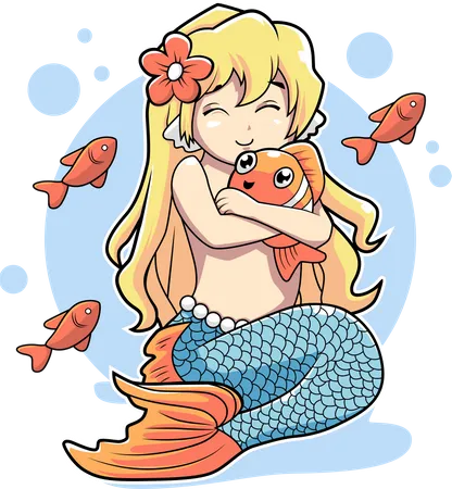 Cute mermaid hug clown fish  Illustration