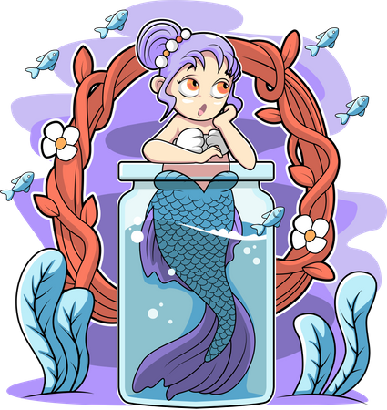 Cute mermaid in the bottle  イラスト