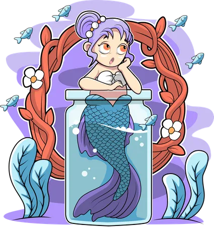 Cute mermaid in the bottle  イラスト