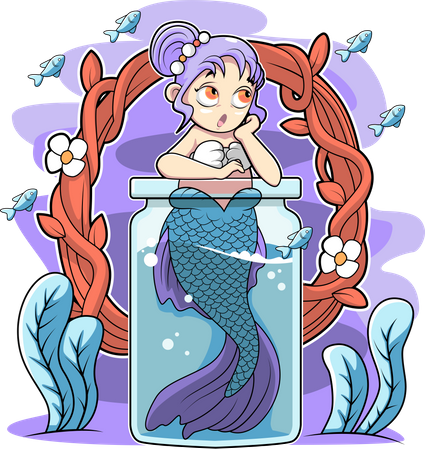 Cute mermaid in the bottle  Illustration