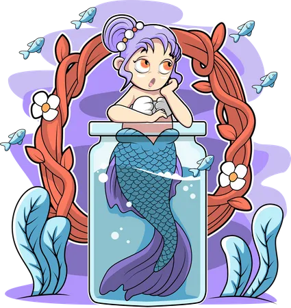 Cute mermaid in the bottle  Illustration