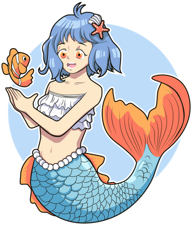 Cute mermaid play with clown fish  イラスト