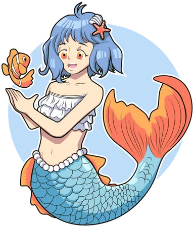 Cute mermaid play with clown fish  イラスト