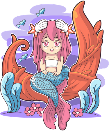 Cute mermaid sitting on the sea weed  イラスト