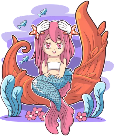 Cute mermaid sitting on the sea weed  イラスト