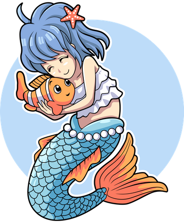 Cute mermaid with clown fish  イラスト