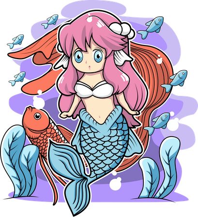 Cute mermaid with guppy fish Illustration