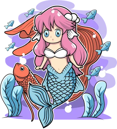 Cute mermaid with guppy fish  Illustration