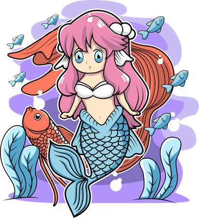 Cute mermaid with guppy fish  Illustration