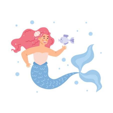 Cute mermaid with long pink hair and blue fish tail smiles  Illustration