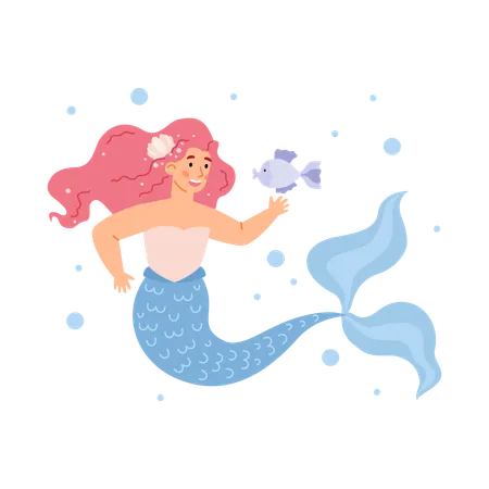 Cute mermaid with long pink hair and blue fish tail smiles  Illustration