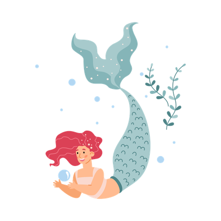 Cute mermaid with long red hair and blue fish tail swims in sea  Illustration