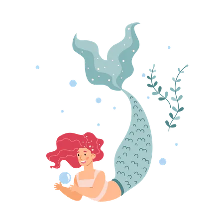 Cute mermaid with long red hair and blue fish tail swims in sea  Illustration