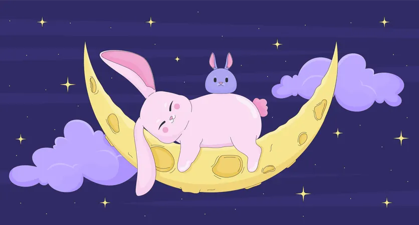 Cute moon bunnies sleeping on crescent night  Illustration