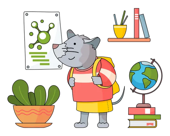 Cute Mouse Student With Backpack Standing Near Plant In Pot Poster With Molecula Book Shelf Globe Stack Of Books Pupil In School Cabinet Cartoon Character For Childrens Book Back To School Illustration