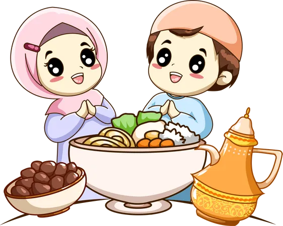 Cute Muslim boy and girl celebrating Mubarak Illustration