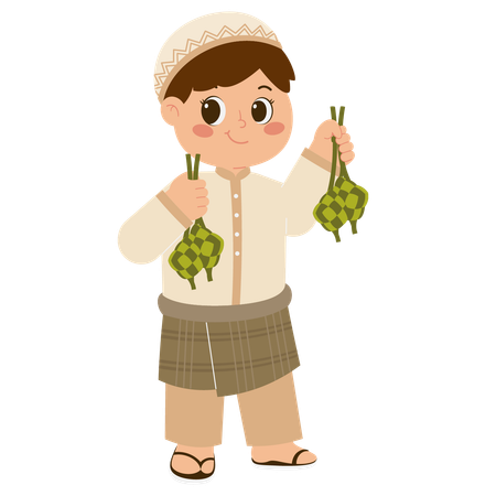 Cute Muslim Boy Holding Ketupat  Illustration