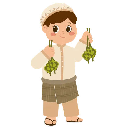 Cute Muslim Boy Holding Ketupat  Illustration